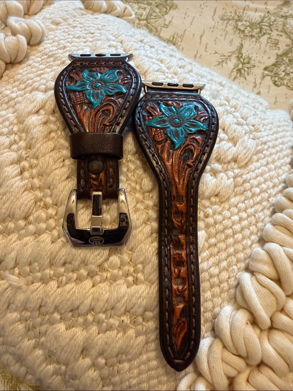Handcrafted Brown Tooled Leather Apple Watch Band with Turquoise Floral Accent